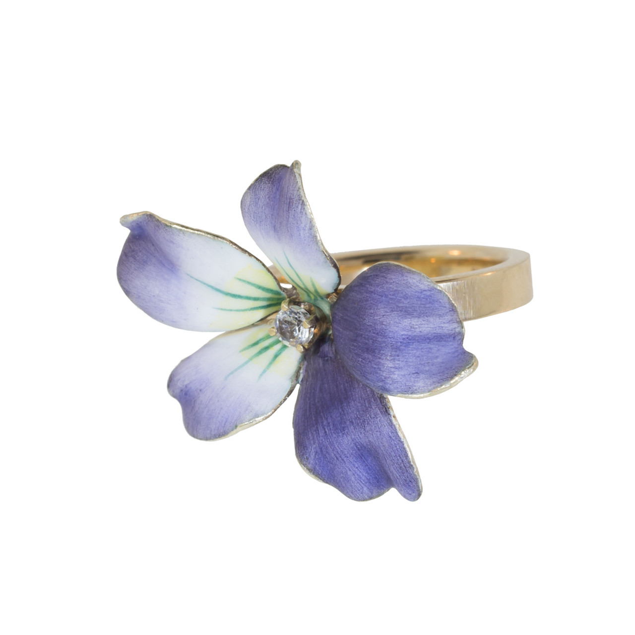 C. 1950 Vintage Painted Enamel Flower Ring with Ruby Accents in 14kt Yellow  Gold | Ross-Simons